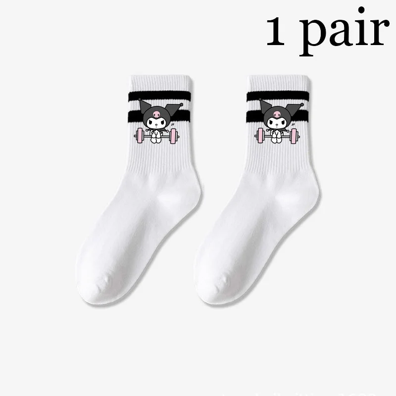 Funny HelloKitty Kuromi Mid Length Socks Women in Solid Black White Parallel Bars Popular Sweat Absorption Fashion Women's Socks