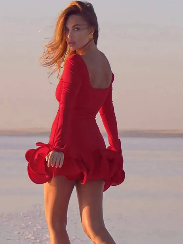 JULISSA MO Sexy Square Collar Ruffle Mini Dress Women Red Backless Long Sleeve Dress Autumn Skinny Elegant Party Club Dress 2025