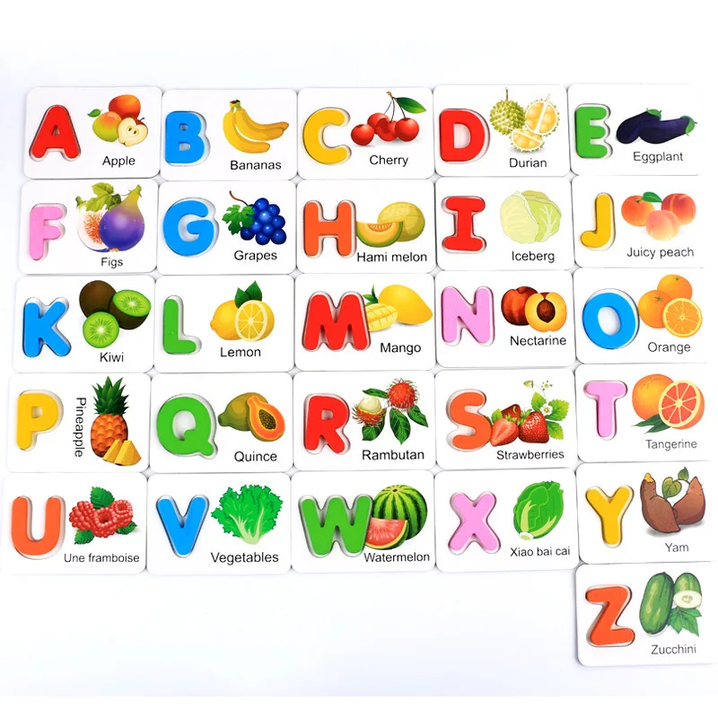 Cartões flash do alfabeto para crianças, brinquedos educativos montessori abc, presentes para aprendizagem pré-escolar, jogo de quebra-cabeça de letras de madeira