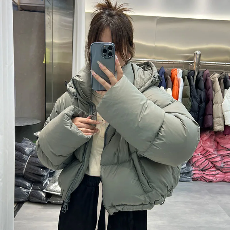 Winter frauen Kleidung Weiße Ente Unten Zipper Unten Jacke Warme Lose Mit Kapuze Stehkragen Mode Hohe Taille Kurze Outer