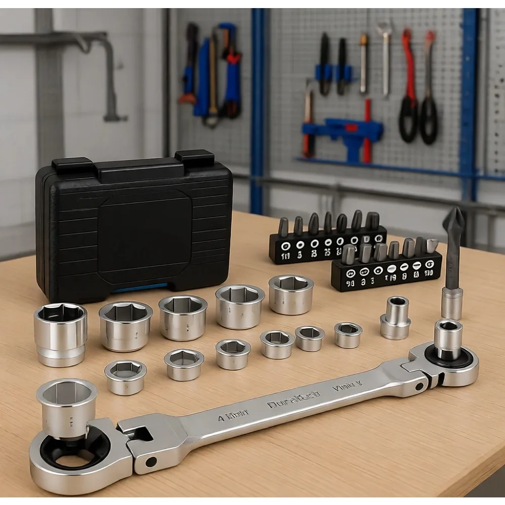 

12-in-1 flex ratchet wrench + 24-bit CR-V screwdriver set, 8-19 mm double box end & adapter, all-in-one toolbox
