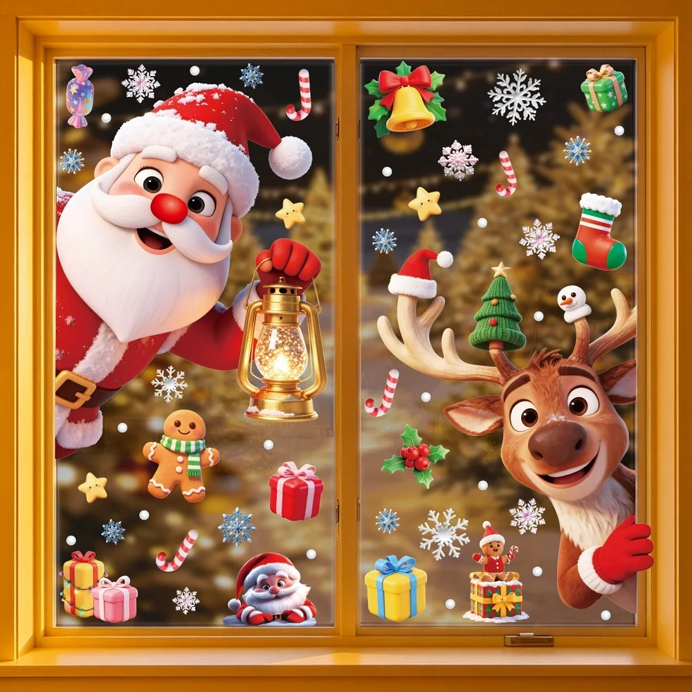 Autocollants de Noël statiques pour fenêtres, motifs Bonhomme de neige et Père Noël, pour la décoration de la maison, du bureau, des centres commerciaux et des vitrines