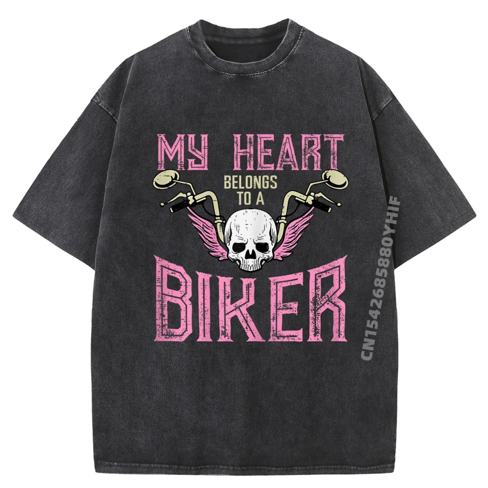 

Graphic Tops & Tees Retro Tops Shirt Male Printed T-Shirt My Heart Belongs To A Biker Vintage Washed Clothes