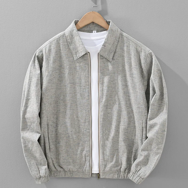 

Men's Brushed Cotton-Linen Zip-Up Jacket - Retro Washed & Distressed Casual Spring/Autumn Business Clean Fit Coat