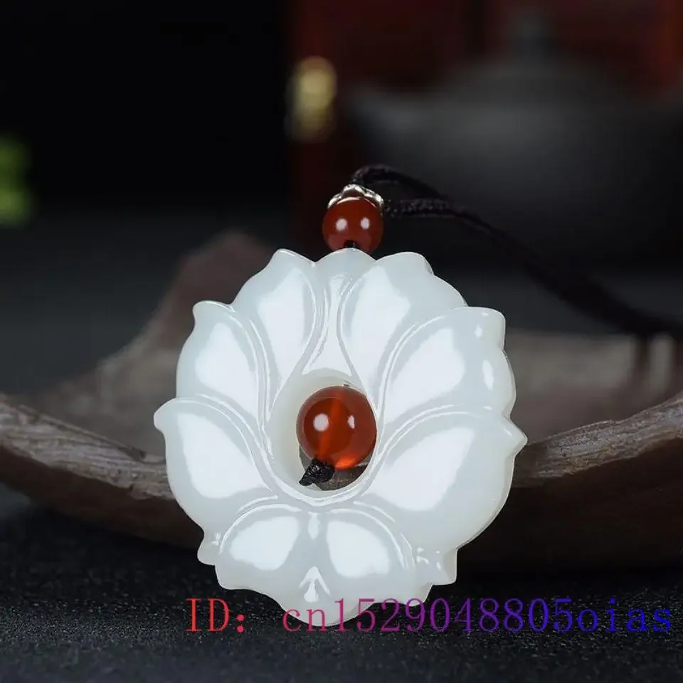 White Jade Lotus Pendant Jadeite Chinese Charm Necklace Men Women Amulet Gifts Fashion Jewelry Carved Natural