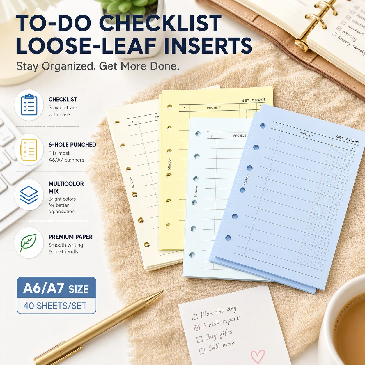 Fromthenon A6A7 Mixed Color To-Do List Refill Paper-Loose-Leaf Inserts for Task&Project Management Notebook Replacement Pages