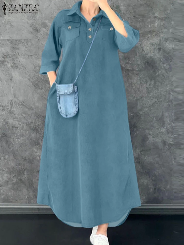 Zanzea primavera solto casual maxi vestidos turn-down colarinho feminino 3/4 manga denim camisa azul vestido arredondado bainha streetwear robe