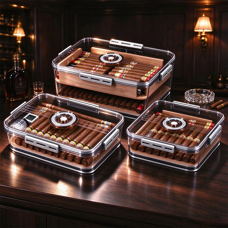 Cigar Humidor Transparent Cigar Humidor Box Sealed Cigar Storage Case With Time Memory Function Large Capacity Cigar Holder