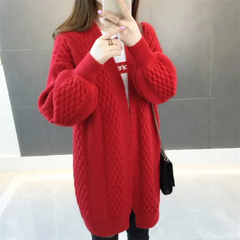 

Autumn Winter Long Knitted Cardigan Women Sweater Jumper Ladies Fashion Solid Color Loose V Neck Lantern Sleeve Knit Tops Female
