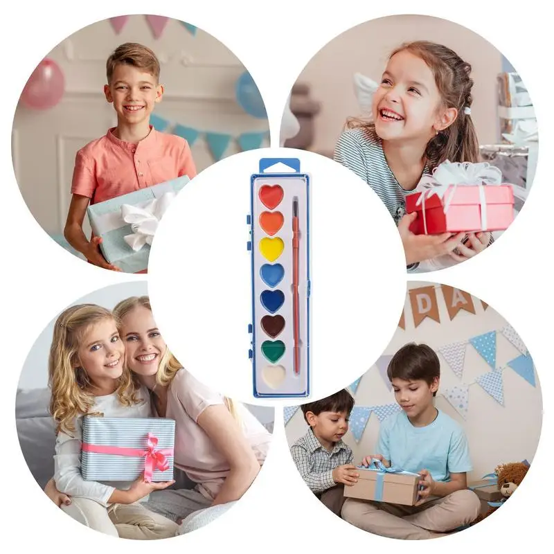 สีน้ําสําหรับเด็ก 8 สีรูปหัวใจสีน้ําชุดพู่กัน PARTY Favors ศิลปะและหัตถกรรมสําหรับ