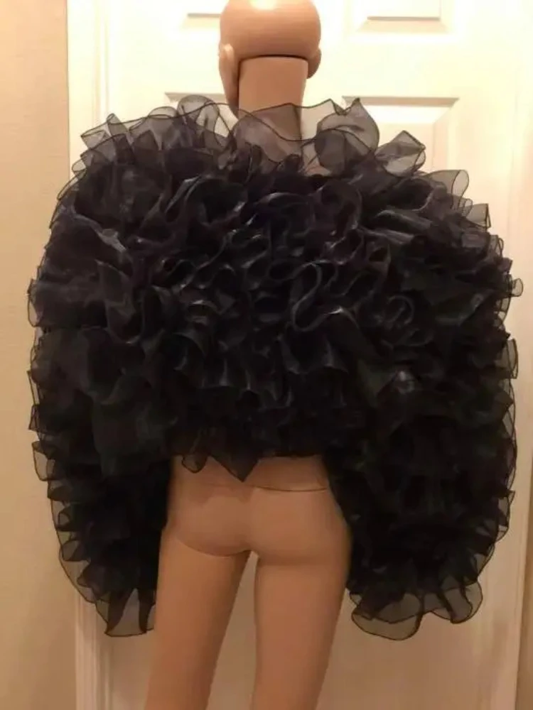 Image réelle noir volants Tulle courte femmes veste luxuriante drapé Mini Tulle maille femmes haut tenue couleur taille libre