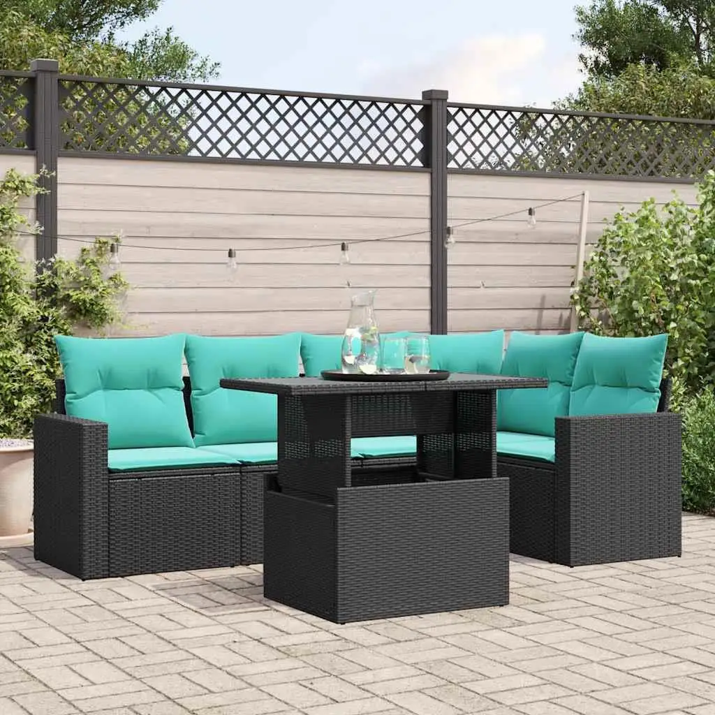 

6 Piece Outdoor Rattan Sofa Set with Cushions Modern Patio Furniture Black Wicker Sectional Garden Lounge Seating