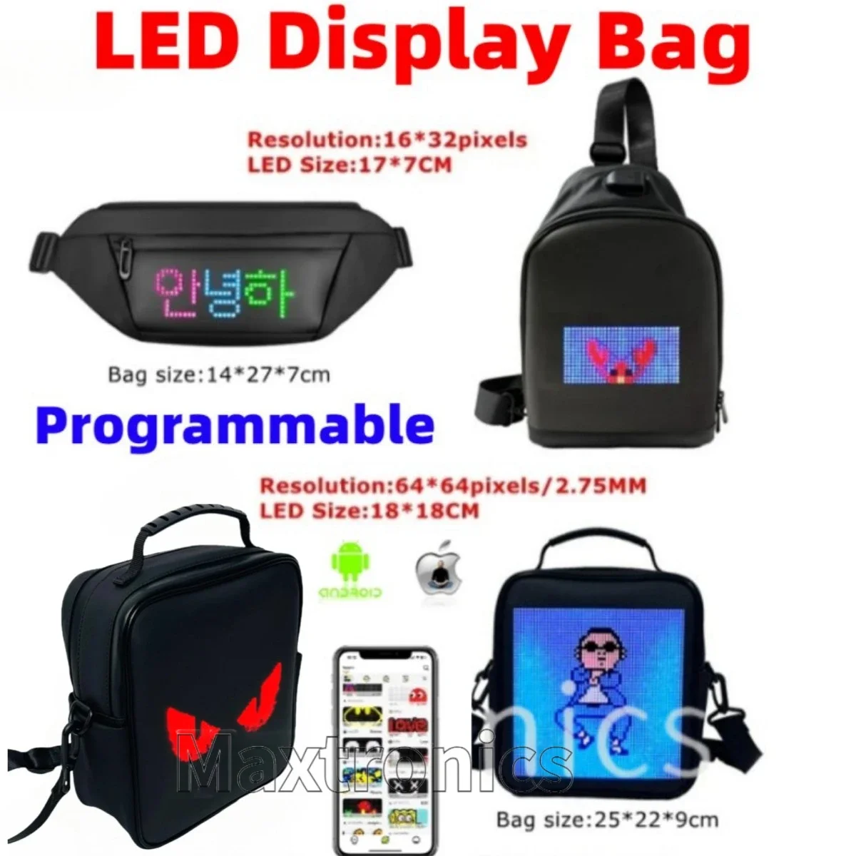 Bolsa de exibição de led inteligente app led pixel tela para mulheres homens diy multilíngue graffiti dinâmico bolsa de ombro saco de peito mochila led