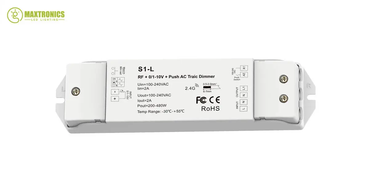 S1-L RF + 0/1-10V + Push AC Triac Dimmer AC Phase-Cut Dimmer 1CH*2A for Single Color Dimmable LED Lamps Traditional Incandescent