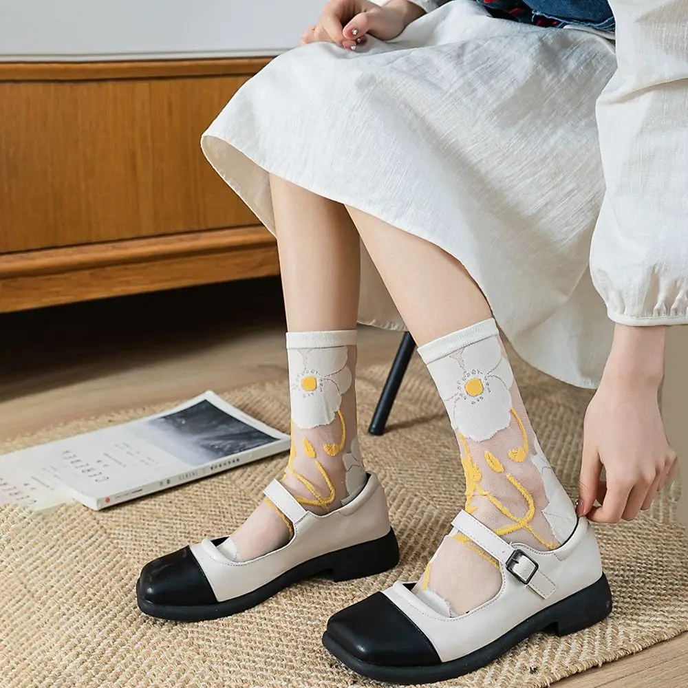 

Kawaii Transparent Summer Girls Embroidery Mesh Women's Socks Flower Socks Middle Tube Socks Floral Hosiery