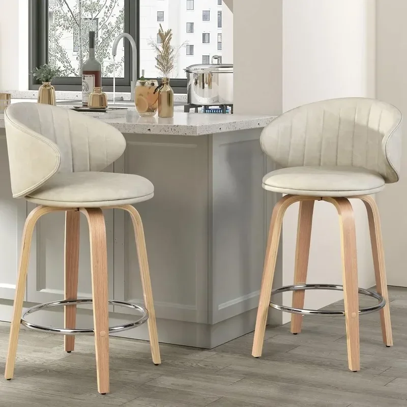 Modern Bar Stools Set of 2 Bar Stools Bentwood Counter Height Barstools Faux Leather Stools with Back