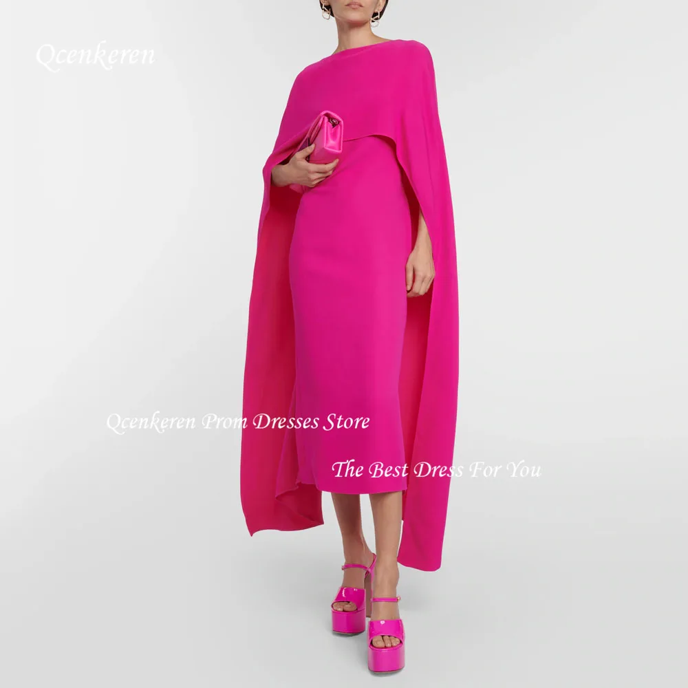 Qcenkern Gorgeous Hot Pink Smock Evening Gown Ladies Special Occasion Formal Dress 2023 Saudi Arabian Wedding Party Shawl Dress