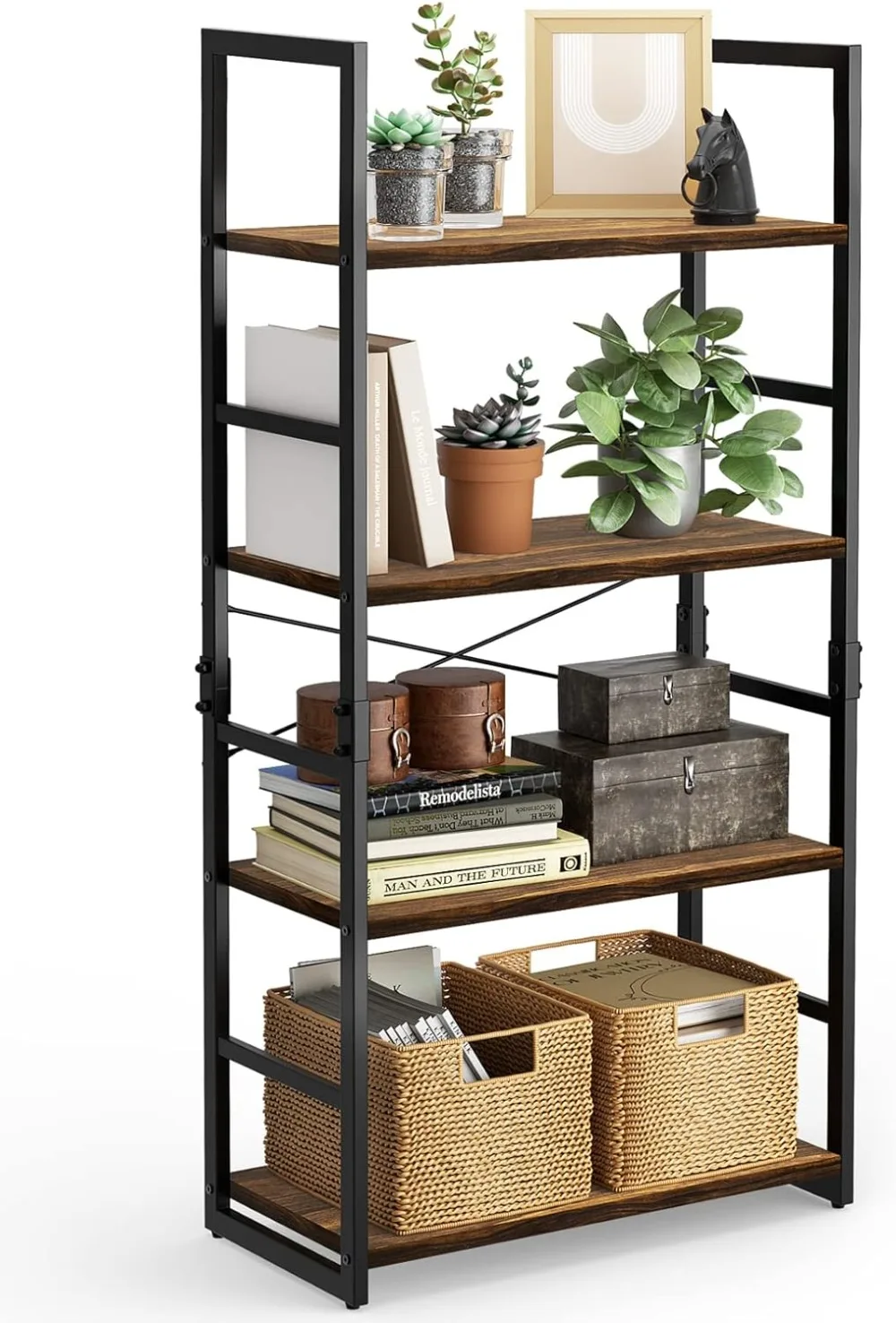 

4-Tier Bookcase,Tall Bookcase Shelf Storage Organizer, Book Shelf with Steel Frame, Standing Shelf for Home Office, Living Room