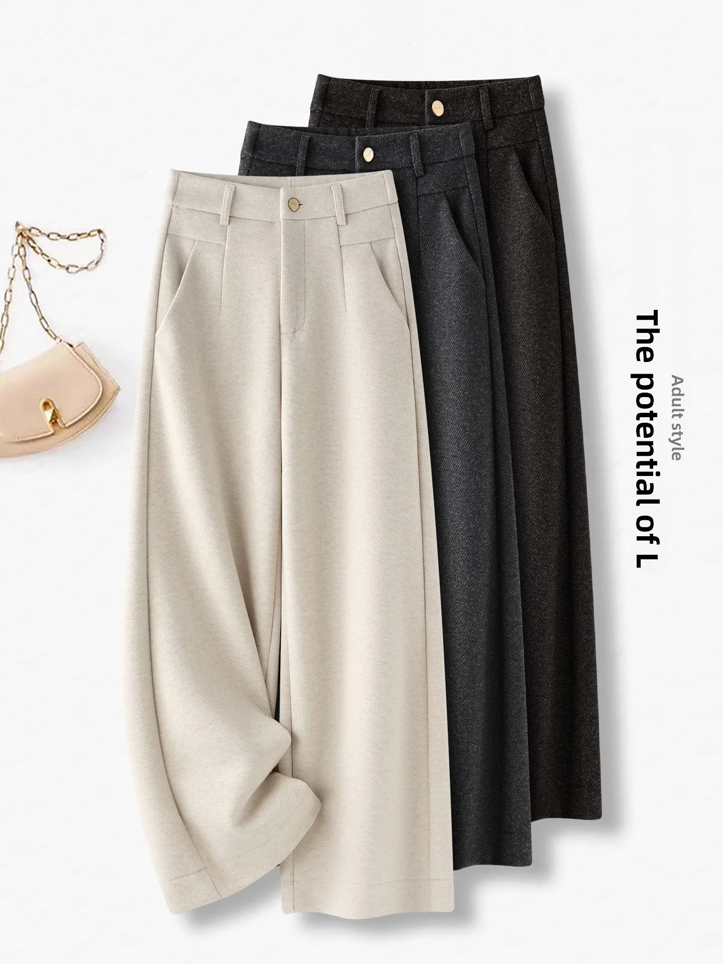 

Acetate Wool Wide Leg Pants Women's Casual Straight Cut High Waist Autumn Winter New Style Soft Woolen Nine Points Trousers