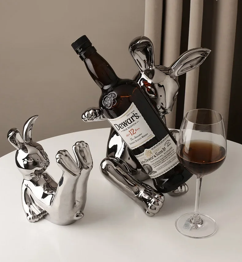 European Electroplating Silver Ceramic Wine Rack Abstract Cartoon Cute Rabbit Animal Wine Glass Rack Crafts Home Decoration Gift