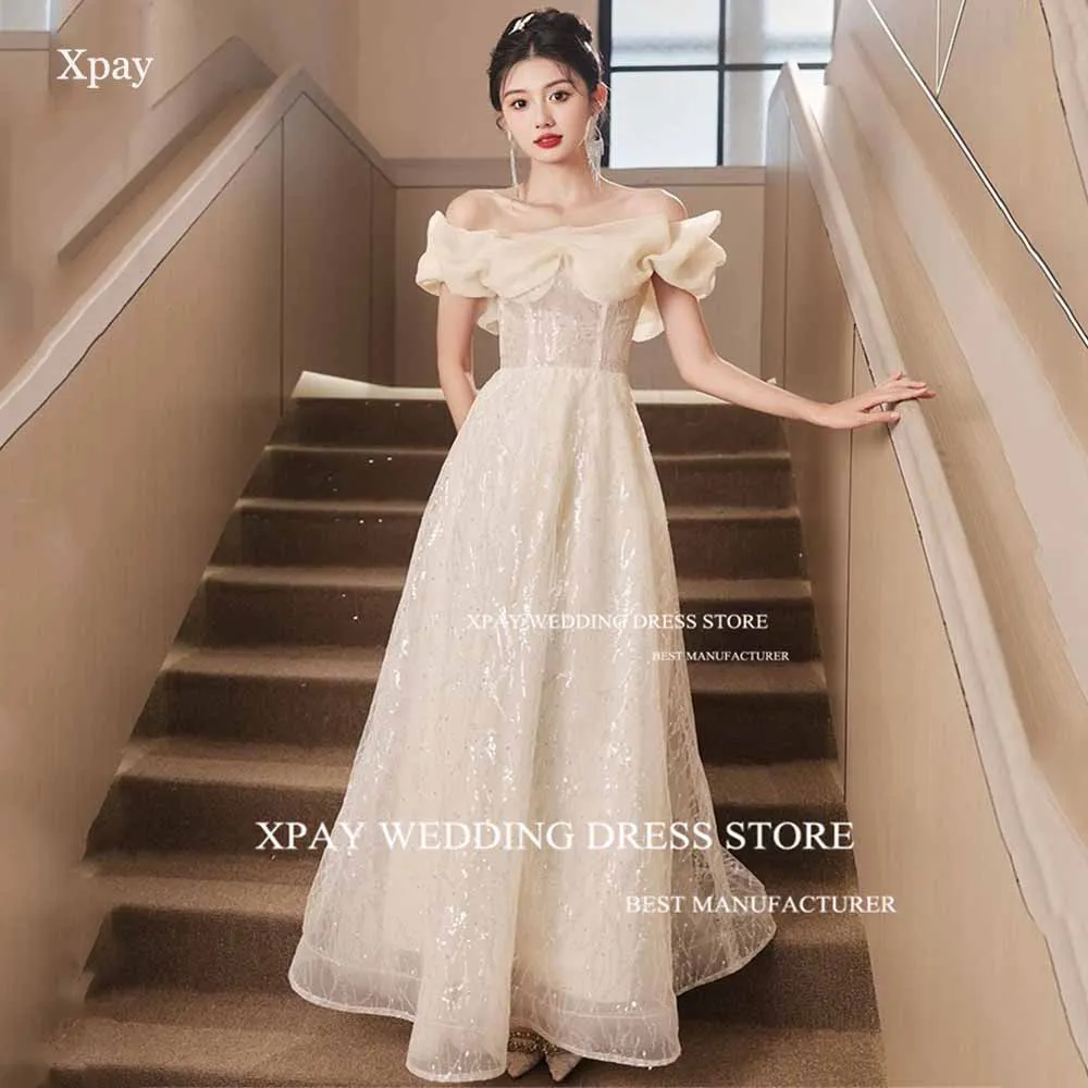 

XPAY Sparkly Sequins Korea Evening Dresses Elegant Organza Ruffles Off Sholder Formal Prom Gown Photo Shoot Fairy Party Dress