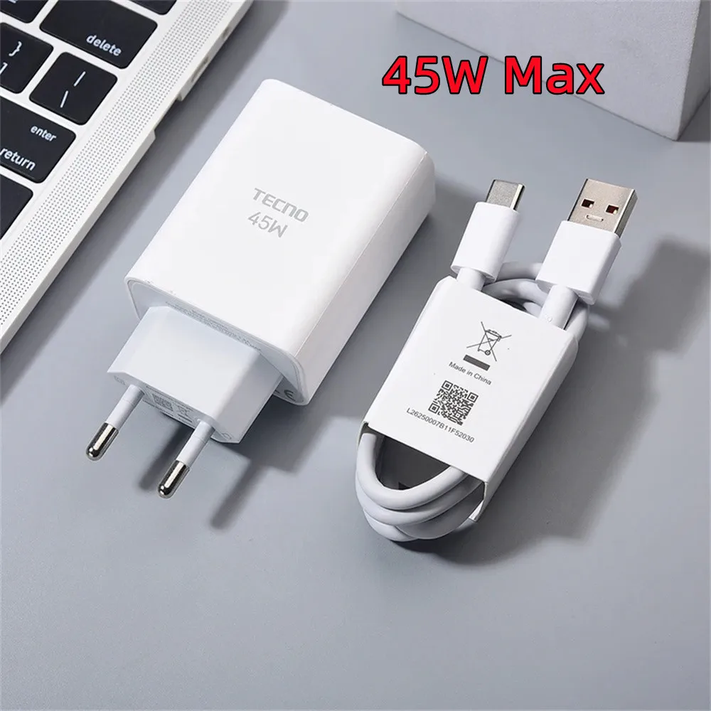 Tecno Camon 40 45W USB Fast Charger QC3.0 EU Power Adapter 1M Type C Cable For Tecno Camon 30s 30 20 Spark 30 20 Pro 30C Infinix