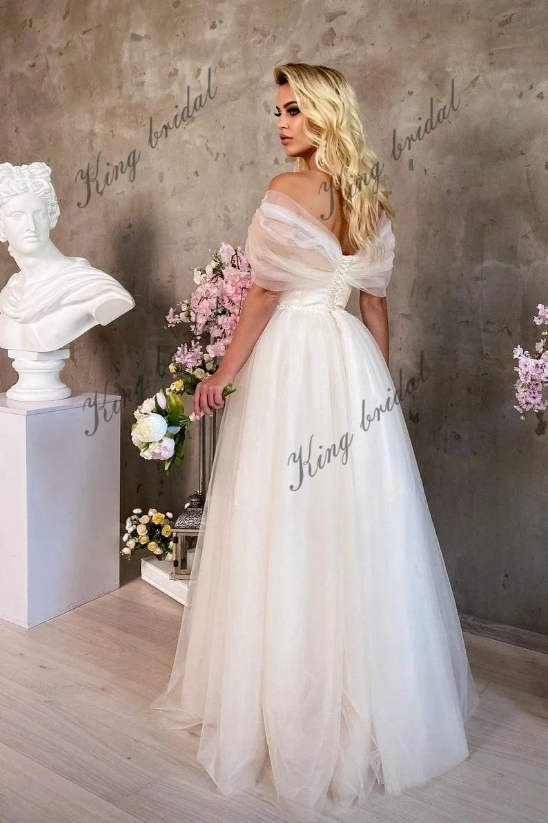 Unique A Line Wedding Dress with Sexy Deep V Neck Tulle Floral Lace Fairy Wedding Dress. Modern Bridal Lace-up Corset Ball Gown