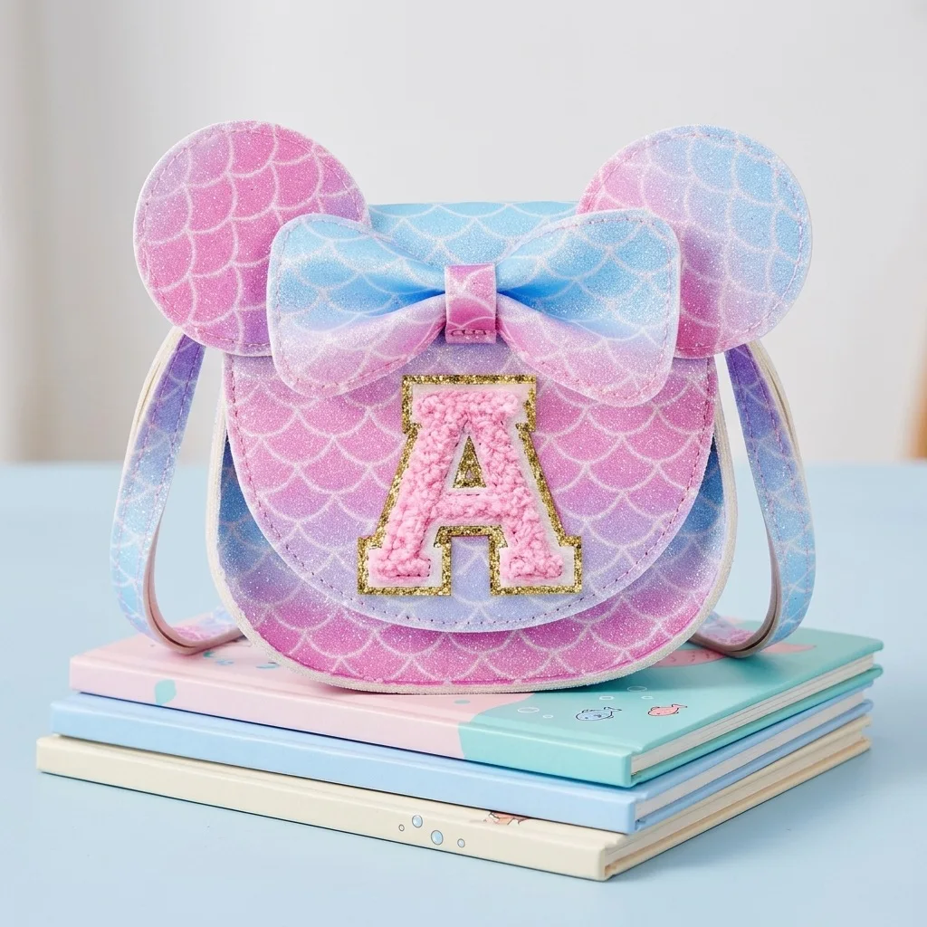 

Детская сумка-мессенджер с узором рыбьей чешуи, градиентная розово-голубая сумка через плечо, детская сумка с ушками мыши, бантом и повязкой на голову в виде русалки XC14