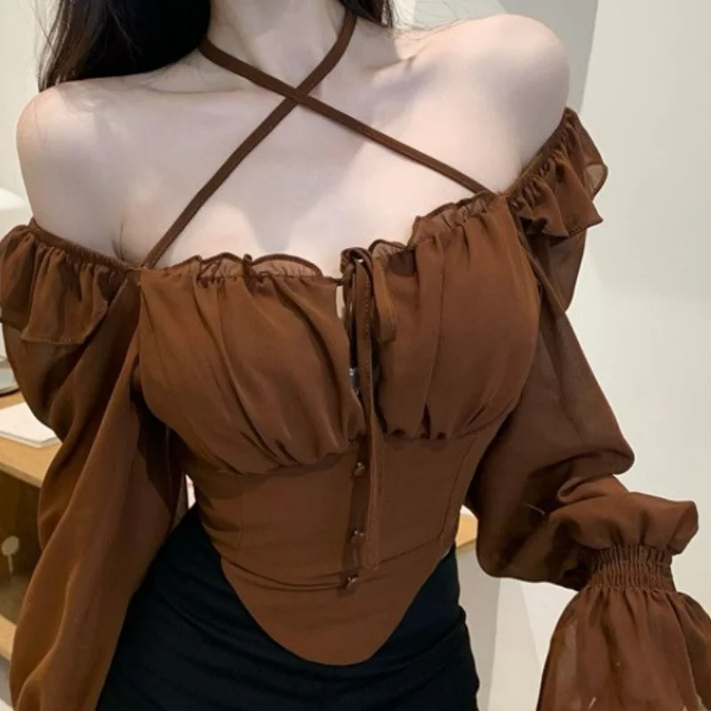 Slim Chiffon Shirt French Sexy Ruffle Slash Neck Women\'s Clothing Hotsweet CropTop Shirts And Blouses Elegant Female Blouses