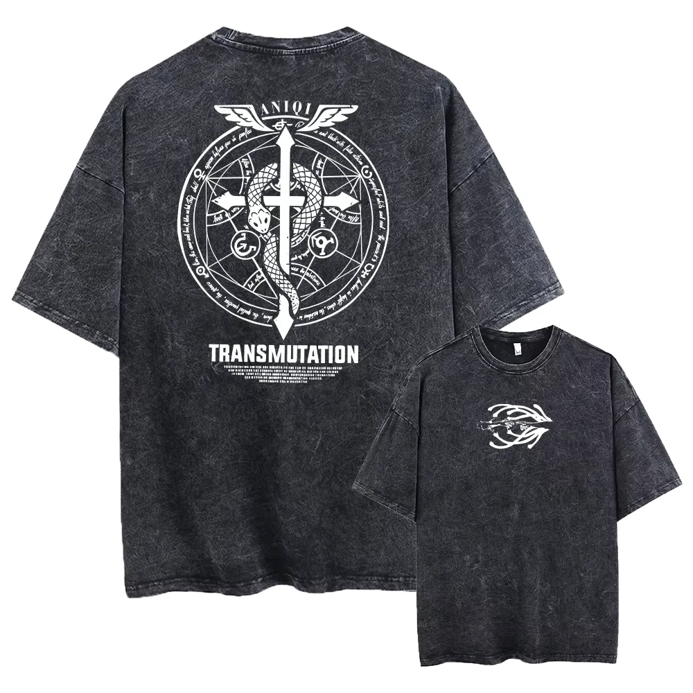 Anime Fullmetal Alchemist Acid Tshirt Men Printed Retro Harajuku Style Fashion Streetwear Performance Short Sleeve Top Unisex