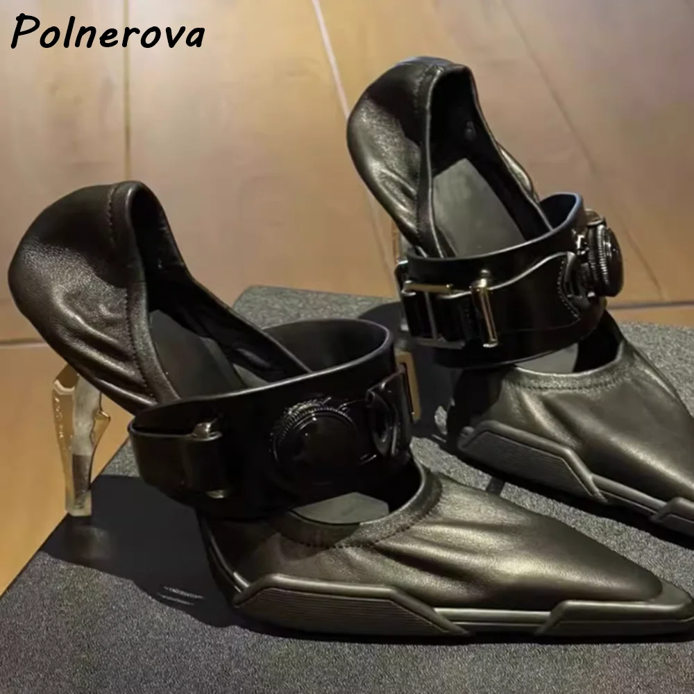 

Strange Style Heels Black White Pumps Solid Metal Heels Buckle Strap Shallow Pointy Toe Shoes Women's Sexy Elegant Shoes 2025