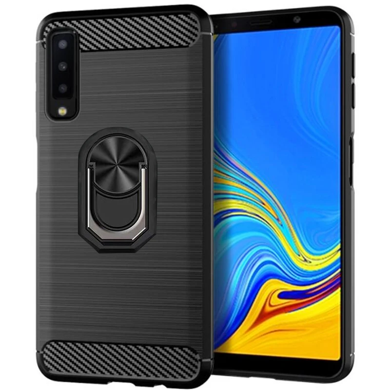 Capa Für Samsung Galaxy A7 2018 Gebürstet Carbon Faser Weiche Silikon Fall Für Samsung Galaxy A7 2018 Magnetische Ring Stehen abdeckung