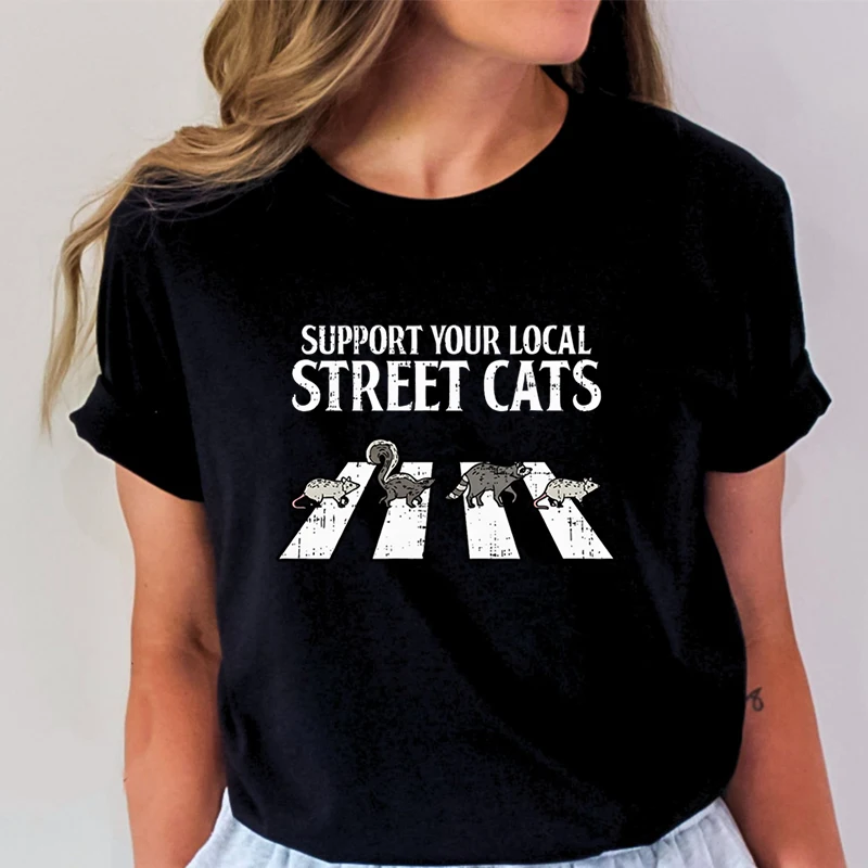 Support Your Local Street Cats Graphic T Shirts Women Retro Opossum Design Trending T-shirt Funny Possums Lover Crew Neck Tshirt