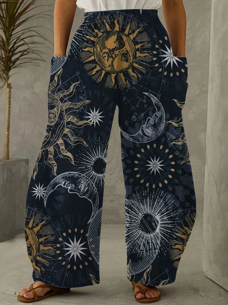 Pantaloni da donna Sole Luna Stampe di stelle e frecce Pantaloni Harem da donna Estate retrò Abbigliamento casual da donna Pantaloni larghi alla moda quotidiana