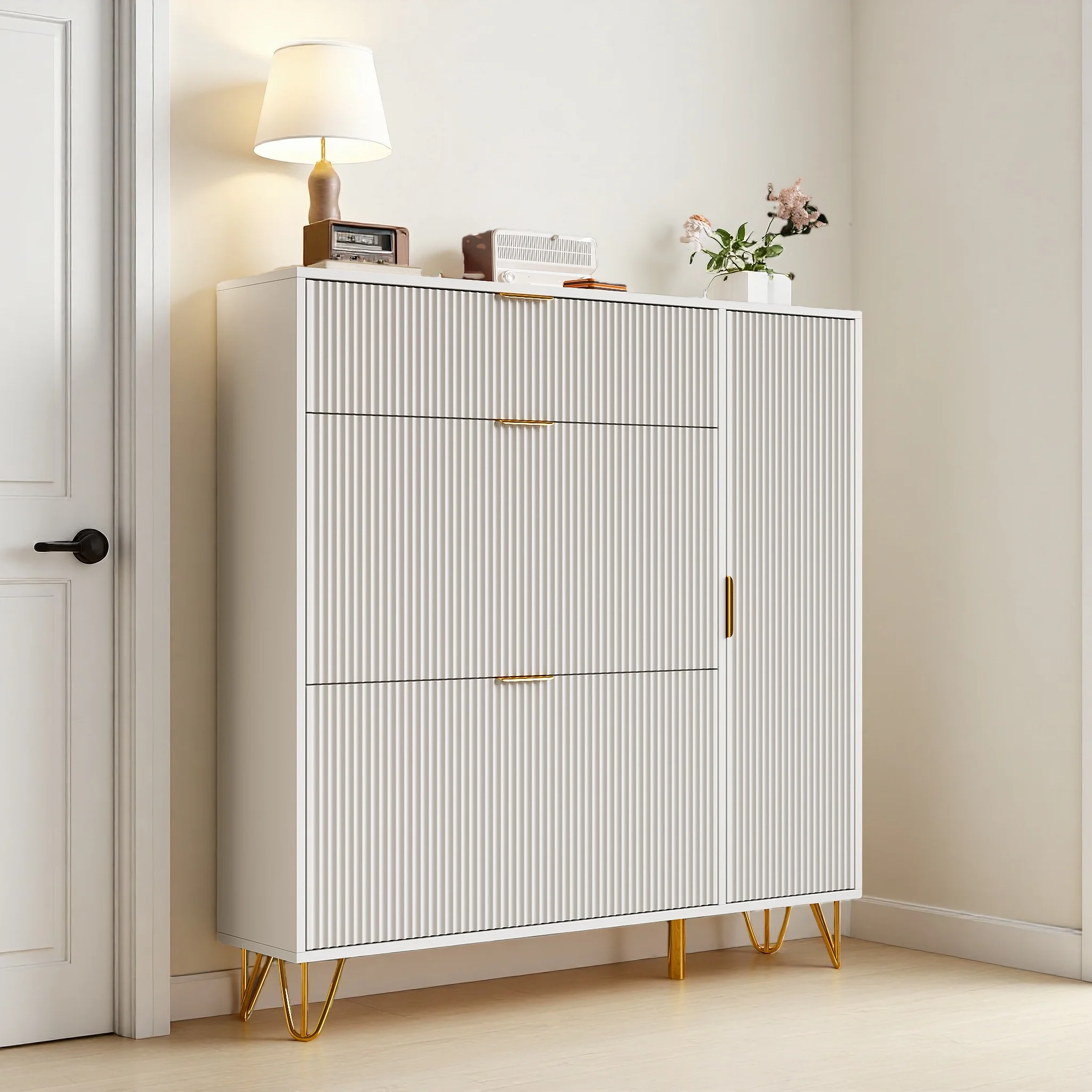 Roshanda Schmaler Schuhschrank, Eingangsbereich-Organizer mit Klappschubladen, Weißes MDF und Goldene Beine, für Wohnzimmer