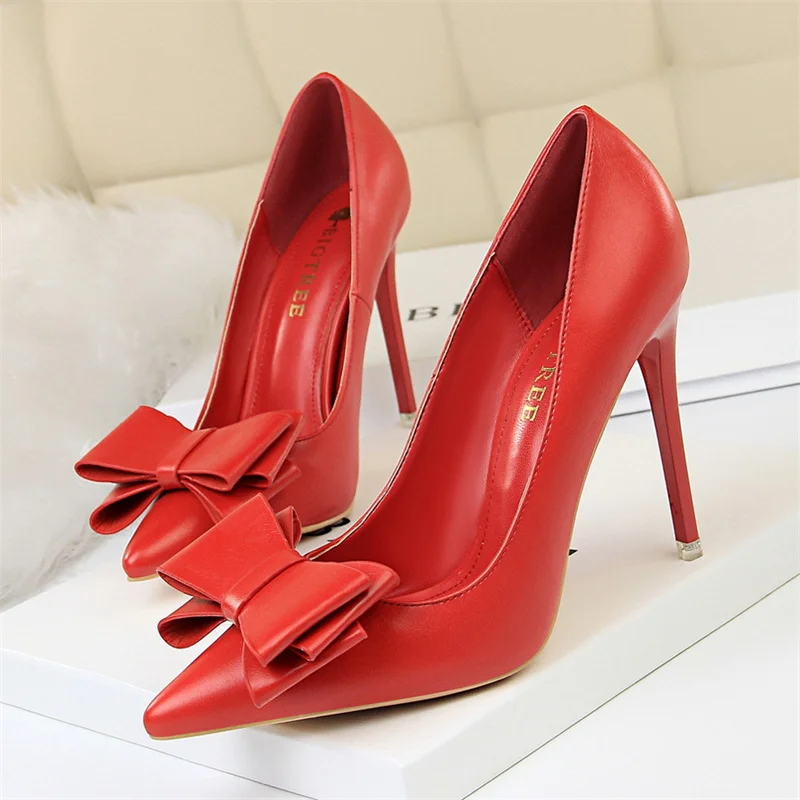 

Women Sweet Pointed Shallow Mouth High Heels Blue Yellow Pumps Butterfly Knot Leather Stiletto Wedding Party Shoes