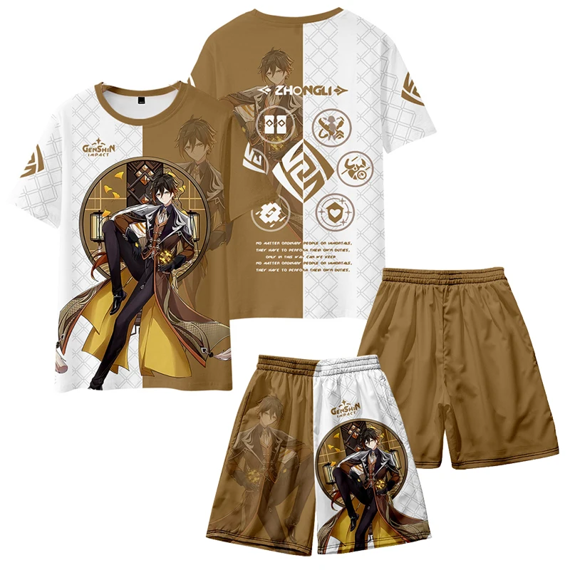 Game Genshin Impact Zhongli Cosplay Costume Short Sleeve Tops T-shirt and Shorts Zhong Li Casual Suit Tracksuit Streetwear