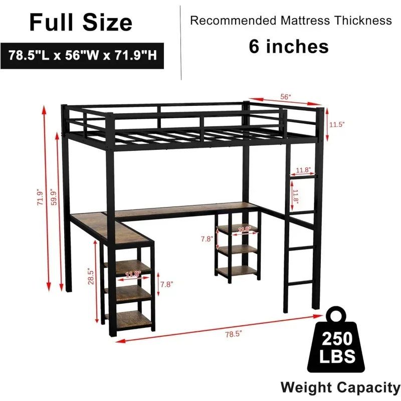 Bellewave full size loft bed with L shaped desk, metal frame loft bed full with storage shelves