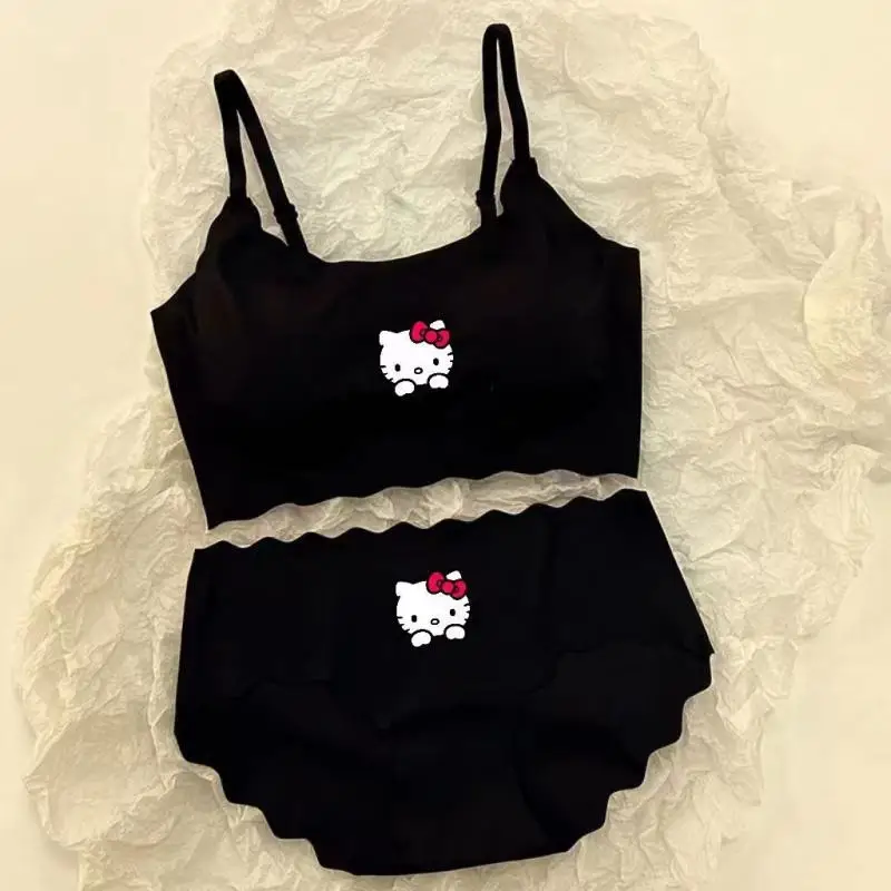 Kawaii Sanrio Hello Kitty Underwear Set Anime Cartoon Print Bra Underwear Soft Breathable Silky Fabric Girl Without Wires Bra