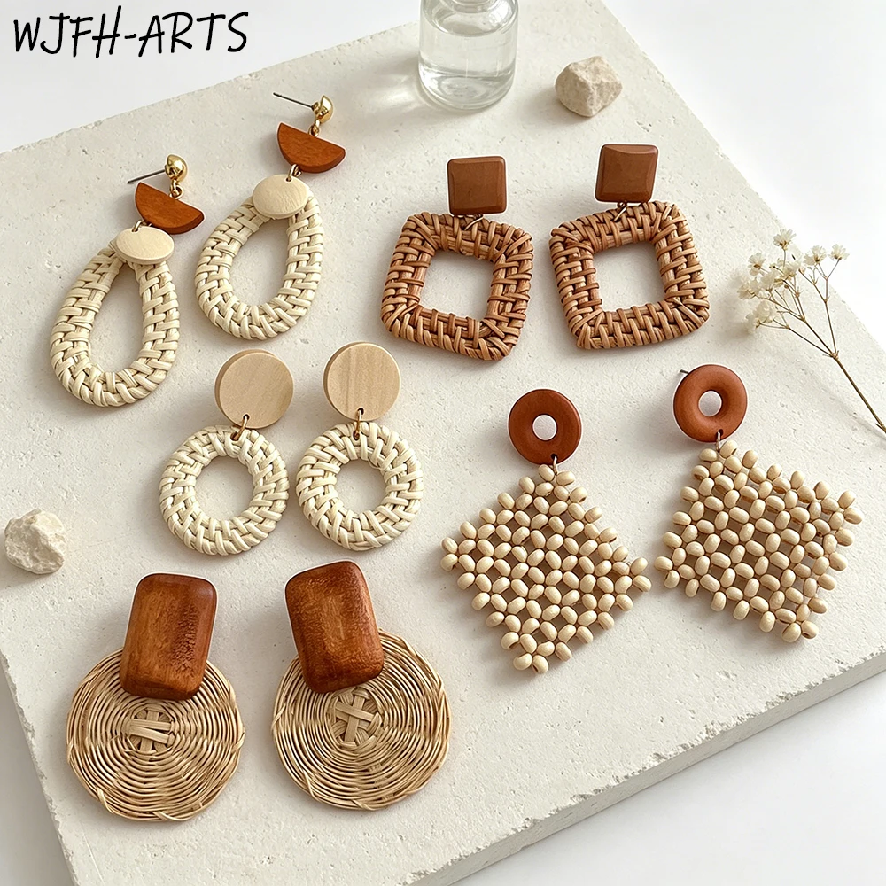 WJFH-ARTS Fun Wood Rattan Weave Splicing Design Geometry Pendant Earrings Lady New Trend Beach Vacation Style Eardrop Jewelry