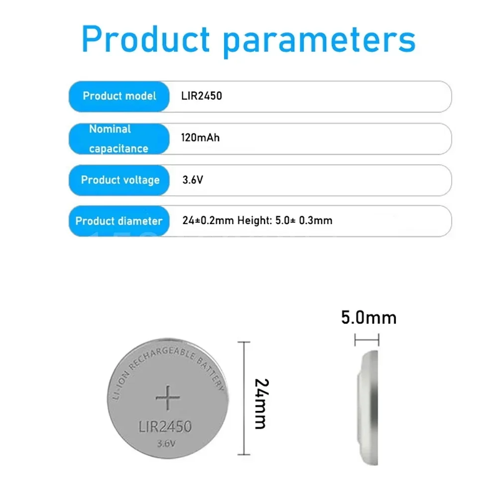 Button Cells Li-ion Rechargeable Battery LIR2450 3.6V Lithium Coin Cell Batteries LIR 2450 Replaces CR2450