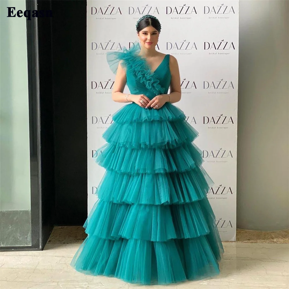 Eeqasn A Line Tiered Tulle Long Prom Dresses Saudi Arabia Ruffle V-Neck Dubai Prom Gowns Pleats Women's Evening Party Dress 2022