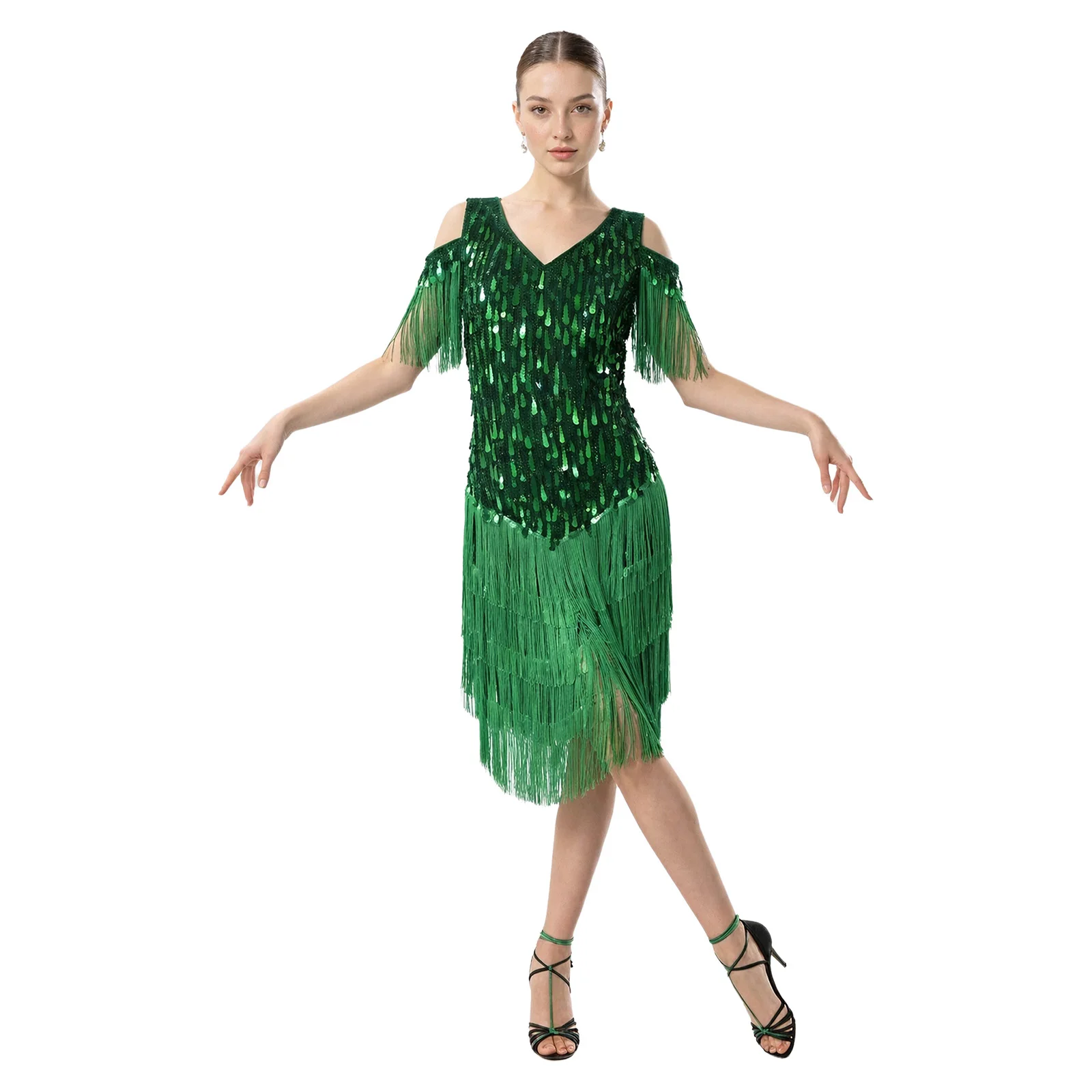 Women Cold Shoulder Fringe Latin Dance Dress V Neck Sparkle Sequin Tassel Salsa Rumba Ballroom Dancing Competition Outfit
