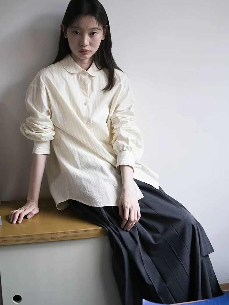

Pure Cotton Striped Loose Long Sleeve Shirt Doll Collar Casual Style Women's Comfortable Breathable Spring Fashion Clothing