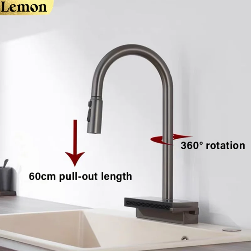 Stainless steel kitchen faucet digital display large single slot waterfall rain shower multifunctional kitchen faucet