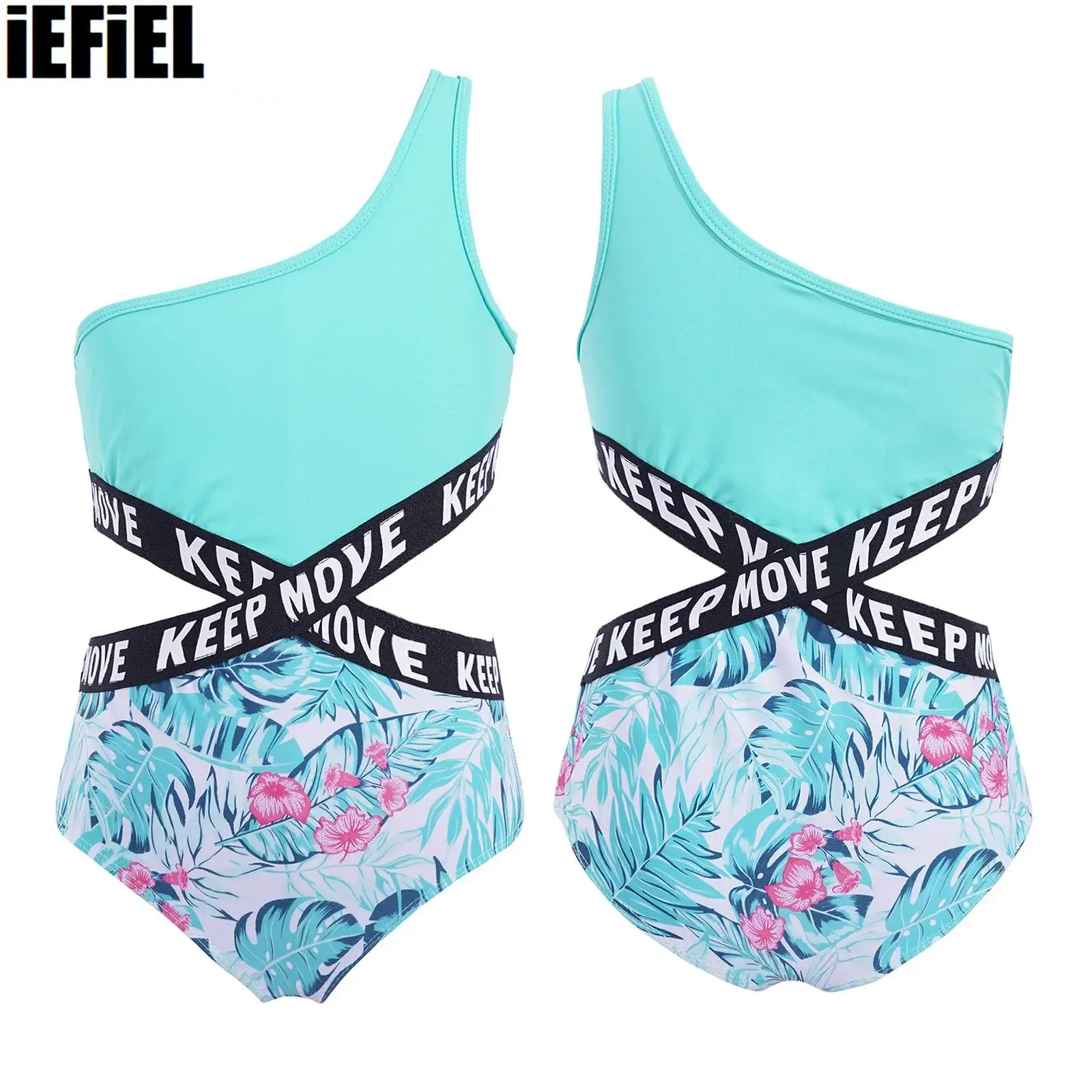 

Kids Girls Letters Printed One-piece Swim Suit Asymmetric Single Shoulder Strap Waist Webbing Patchwork Bodysuit