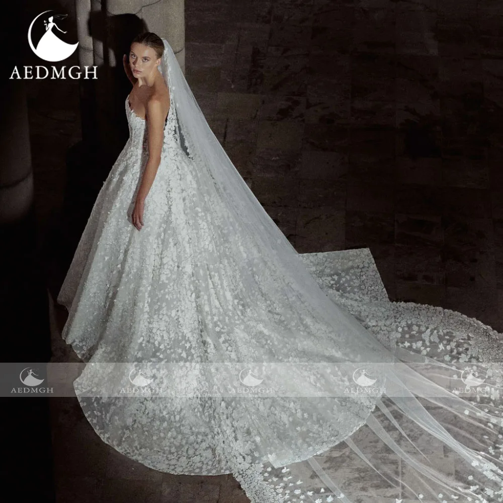 Aedmgh A-Line Delicate Wedding Dresses Strapless Vestido De Novia Lace Appliques 3D Flowers Princess Custom Made Bridal Gowns