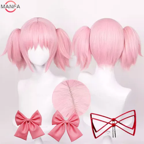 Madoka Kaname pelucas de Cosplay rosa 30cm Clip corto coletas Kaname Madoka peluca de Anime Cosplay pelo sintético resistente al calor