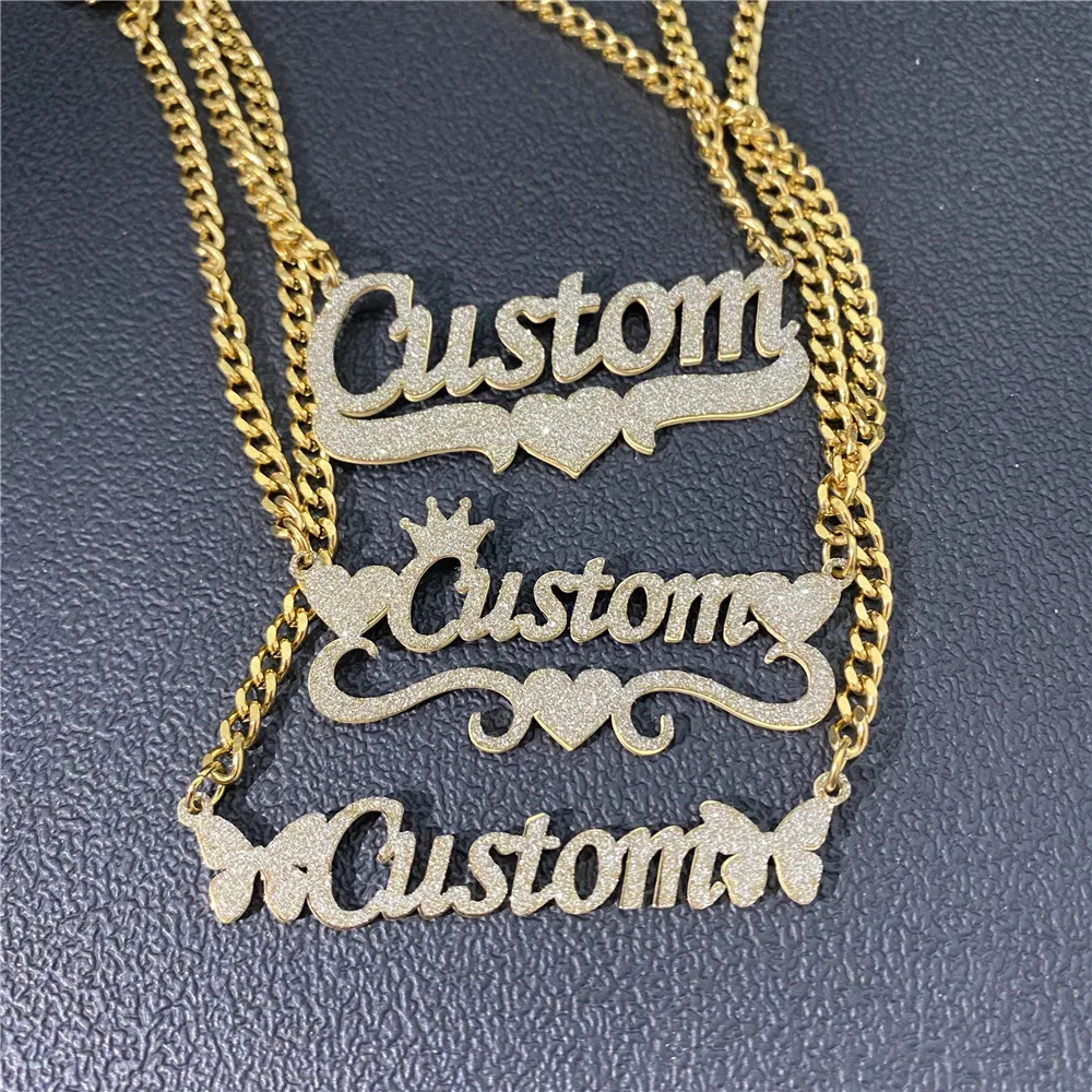 Custom Bling Name Necklace for Women Personalized Glitter Nameplate Necklace Stainless Steel Cuban Chain Necklace Jewelry Gifts