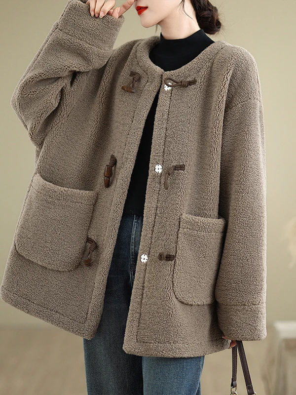 

Women's Casual Thiened Faux Lamb Fur Jaet Winter 2025 New Loose Slimming Cotton Coat with Button round Ne Long Sve